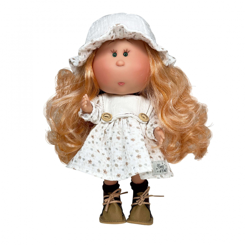Papusa Nines D'Onil, Mia, cu parul portocaliu, cu palarie alba, cu articulatii, cu miros de vanilie, 30 cm [1]