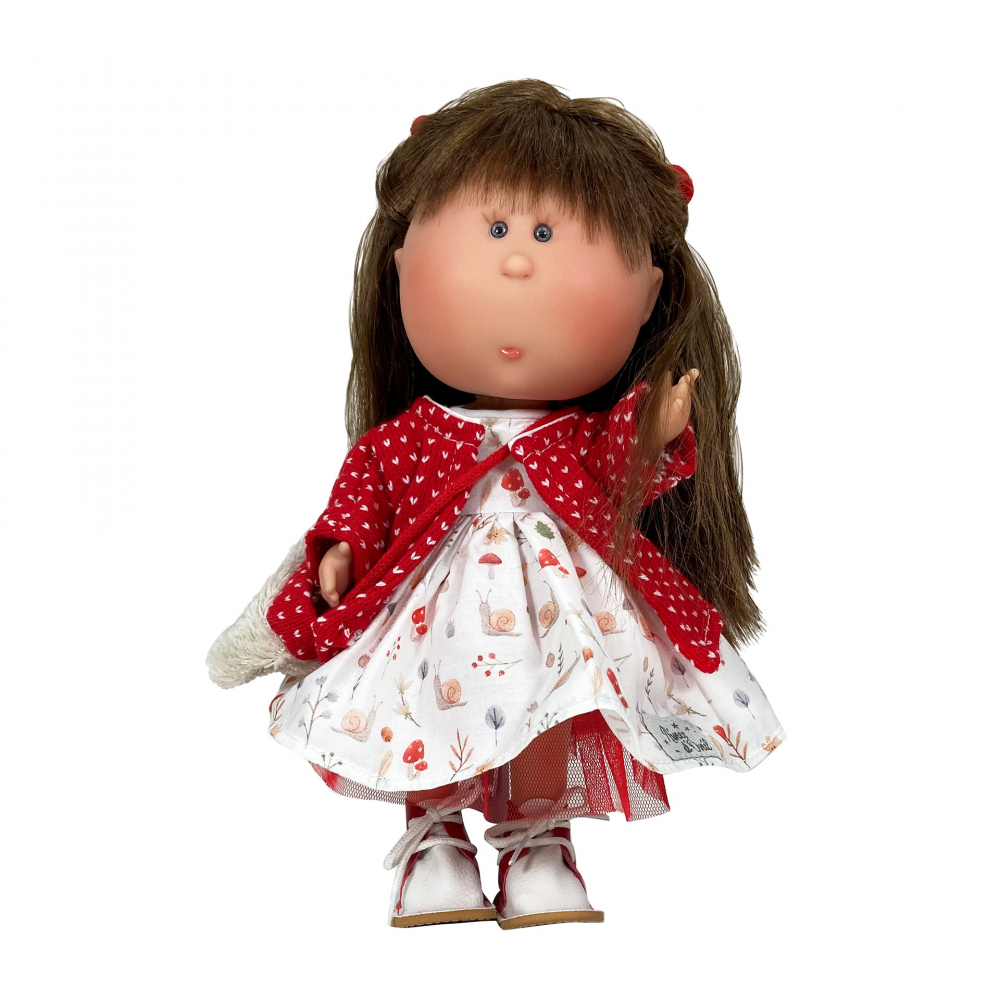 Papusa Nines D'Onil, Mia, cu parul saten si palton rosu, cu articulatii, cu miros de vanilie, 30 cm [1]