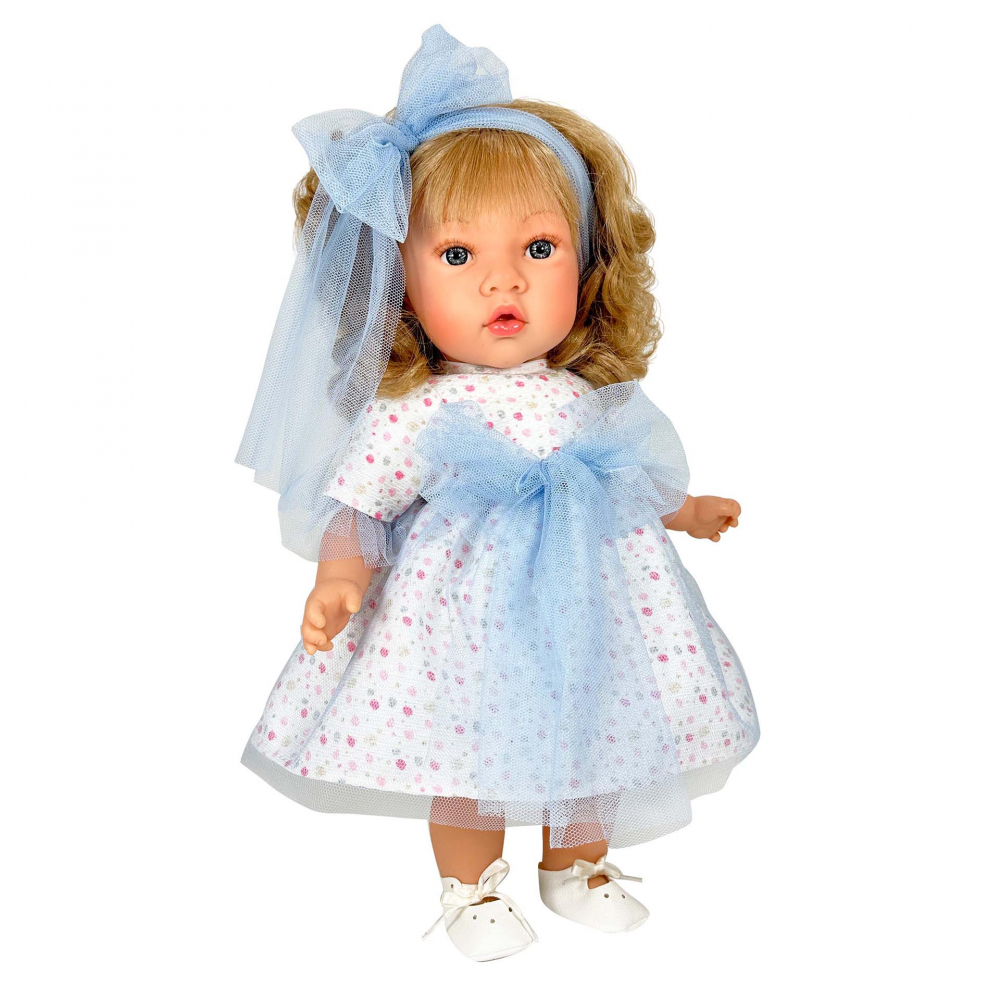 Papusa Nines D'Onil, Susette Tul, cu parul blond, cu sunete, cu funda albastra, cu miros de vanilie, 45 cm [1]