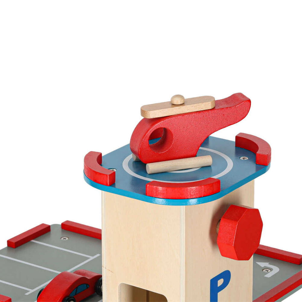 Parcare Supraetajata Lemn 3 Etaje cu Lift, Masinute si Elicopter | Garaj Lemn Copii [12]