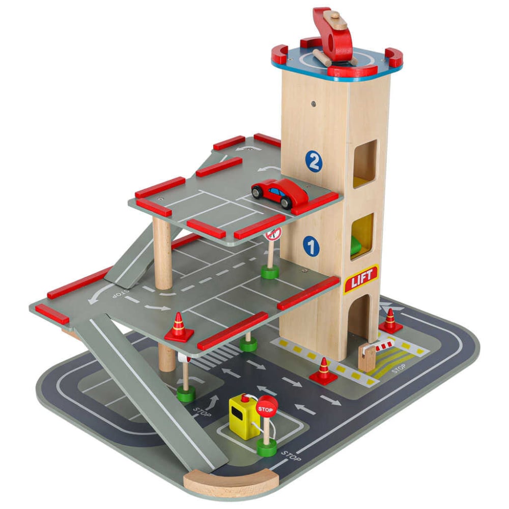 Parcare Supraetajata Lemn 3 Etaje cu Lift, Masinute si Elicopter | Garaj Lemn Copii [4]