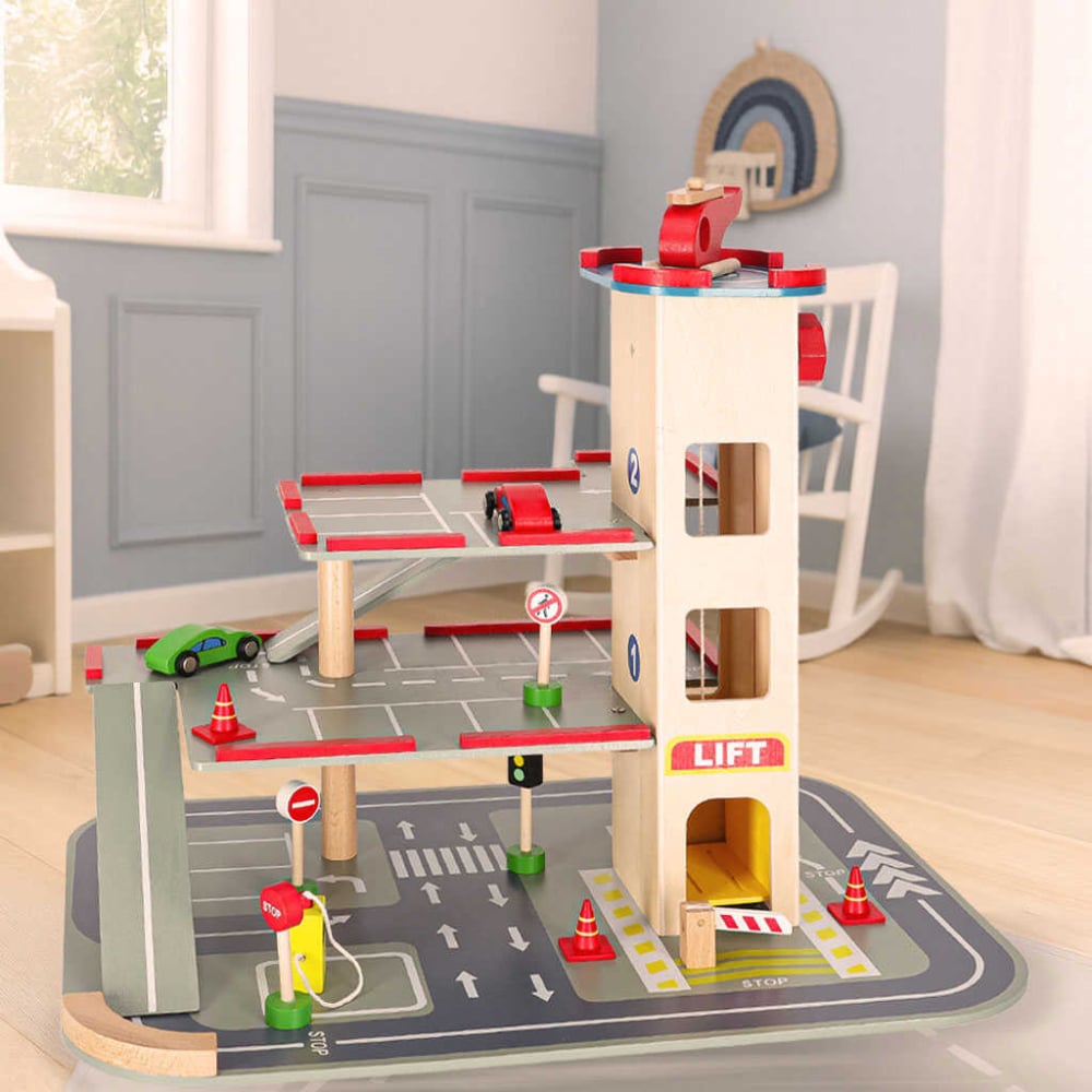 Parcare Supraetajata Lemn 3 Etaje cu Lift, Masinute si Elicopter | Garaj Lemn Copii [3]