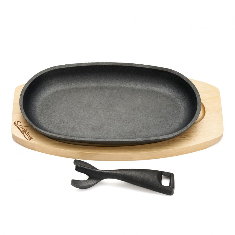 Platou servire oval, 24x14 cm , fonta pura , cu maner detasabil si baza din lemn,cooking  by heinner [2]