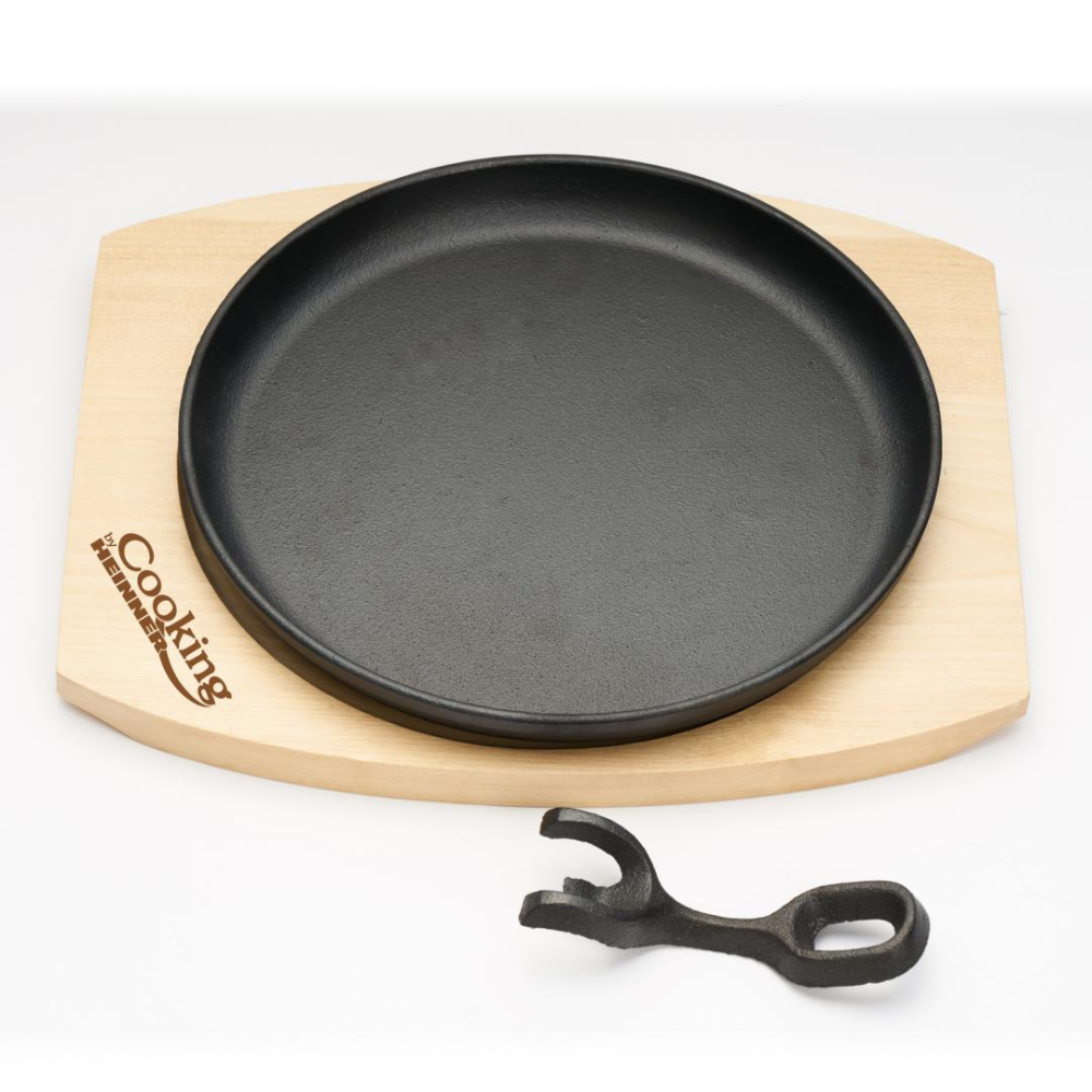 Platou servire rotund , 22 cm , fonta pura, cu maner detasabil si baza din lemn, cooking  by heinner [2]