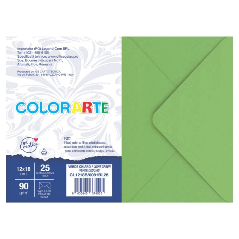 Plic color pentru invitatie Colorarte Fantasia, verde deschis, 90g/mp, 120x180mm, set 25 buc [1]
