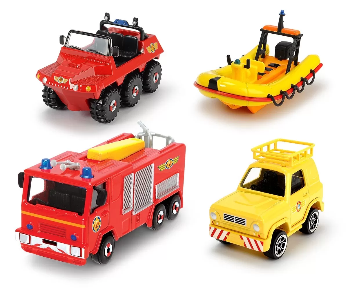 Pompierul sam set 4 vehicule din metal cu barca scara 1:64, varsta de la 3 ani la 8 ani [1]