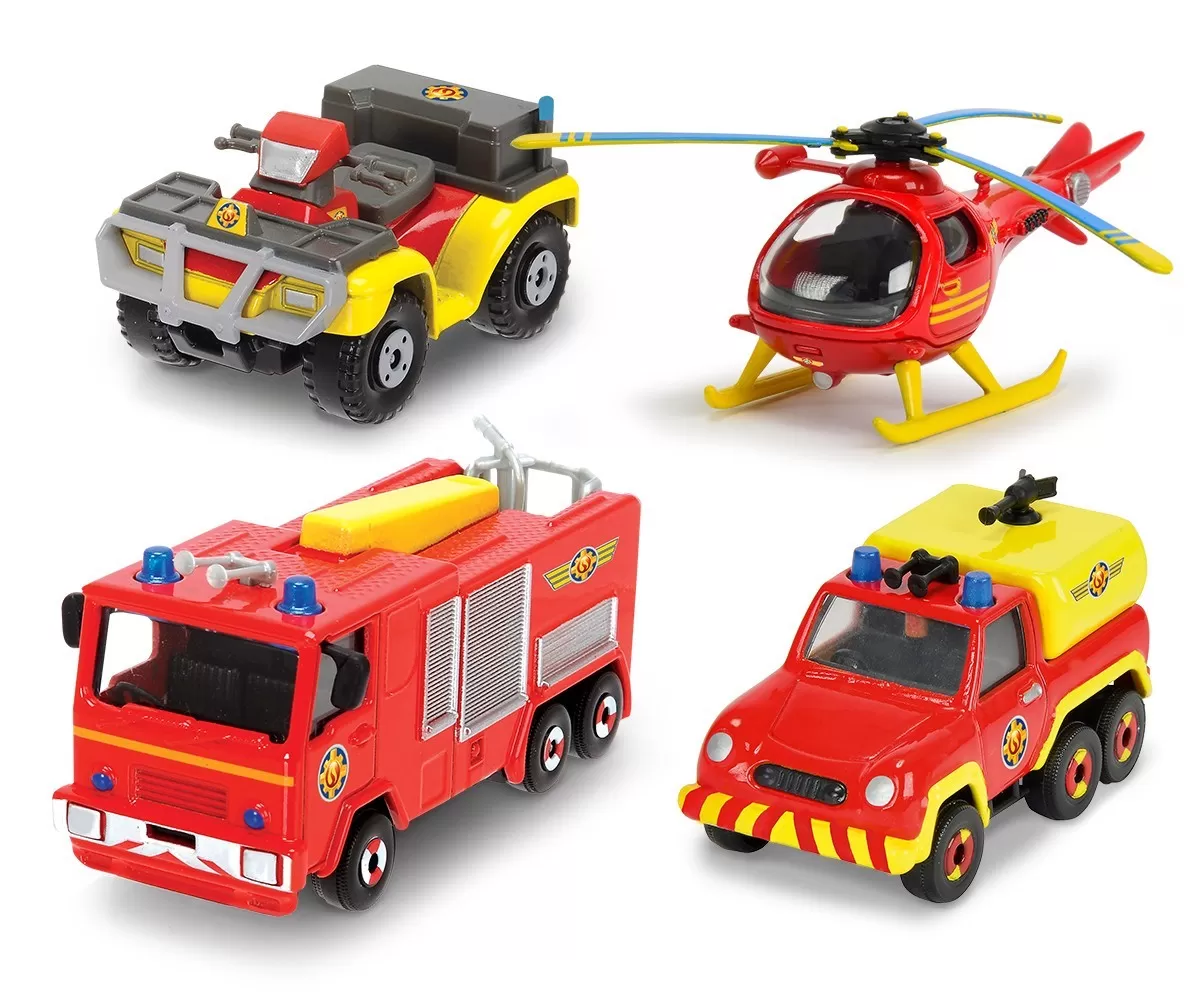 Pompierul sam set 4 vehicule din metal cu elicopter scara 1:64, varsta de la 3 ani la 8 ani [1]