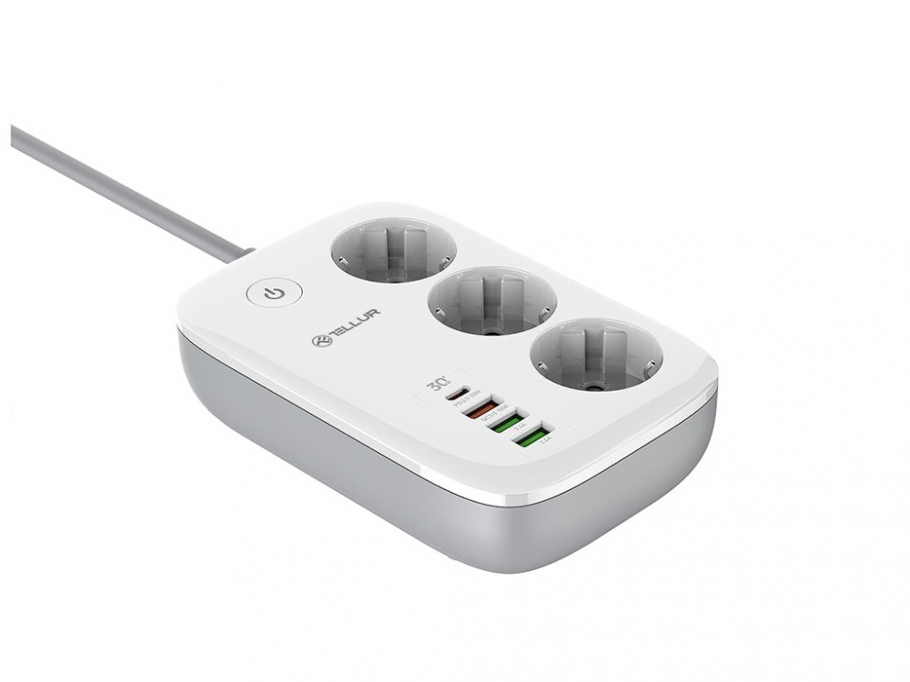 Prelungitor WiFi Tellur Smart, 3 porturi, PD30W, QC18W, 2xUSB 2.4A, 2500W, 10A, 2m [1]