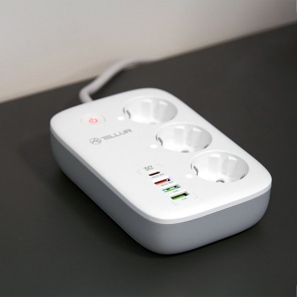 Prelungitor WiFi Tellur Smart, 3 porturi, PD30W, QC18W, 2xUSB 2.4A, 2500W, 10A, 2m [3]