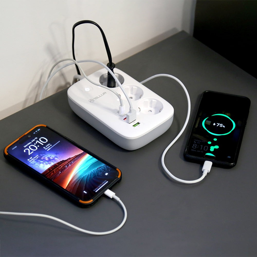 Prelungitor WiFi Tellur Smart, 3 porturi, PD30W, QC18W, 2xUSB 2.4A, 2500W, 10A, 2m [5]