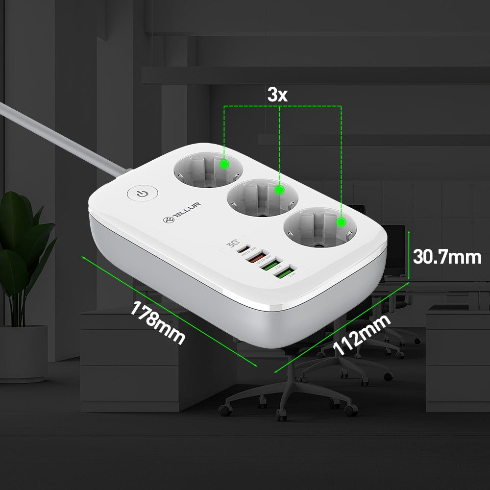 Prelungitor WiFi Tellur Smart, 3 porturi, PD30W, QC18W, 2xUSB 2.4A, 2500W, 10A, 2m [9]