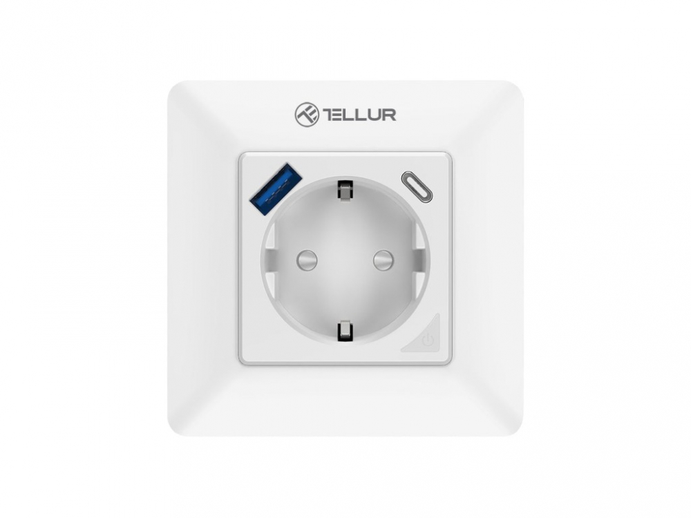 Priză de perete WiFi Tellur Smart, 3600W, 16A, PD20W, USB 18W, monitorizare consum, alb [1]