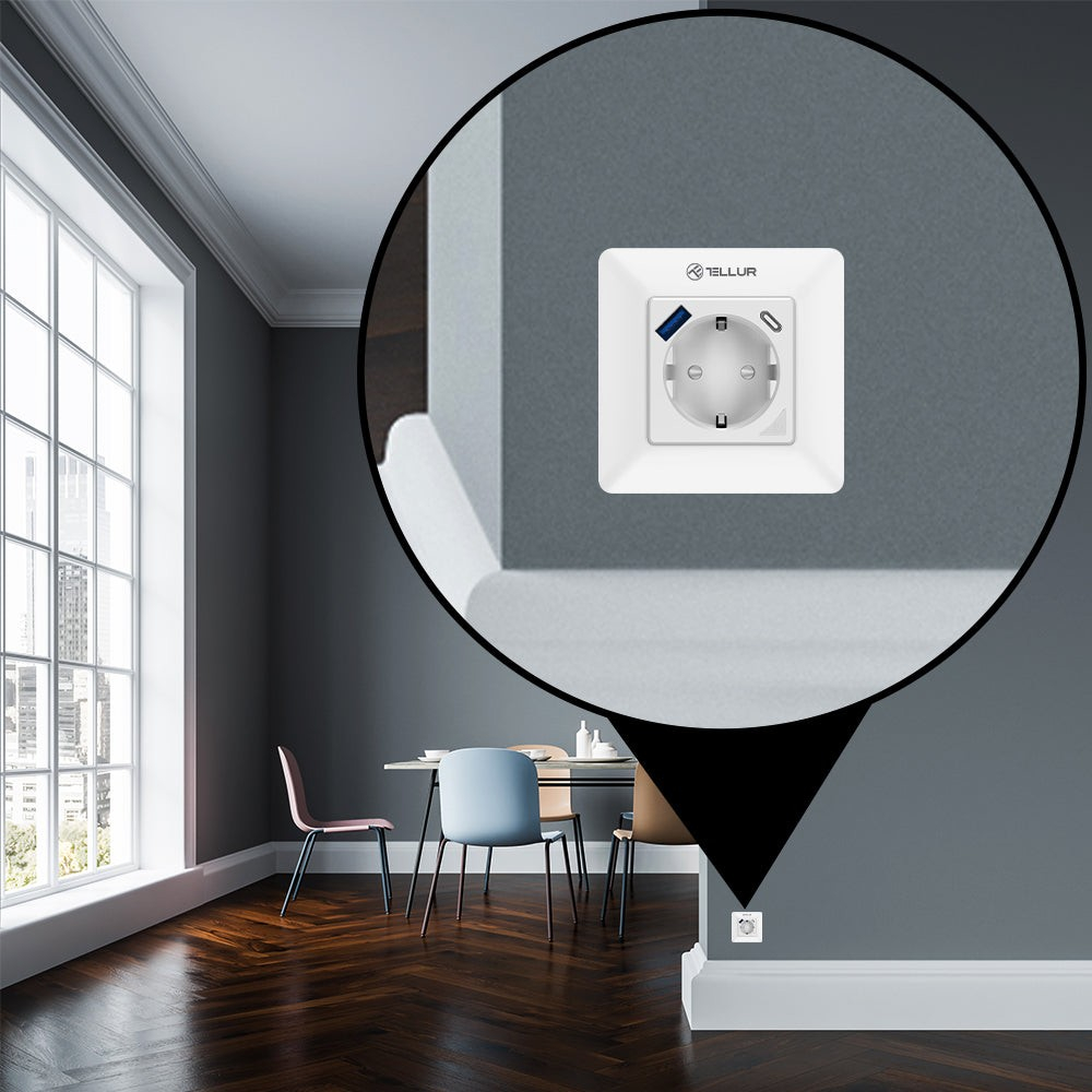 Priză de perete WiFi Tellur Smart, 3600W, 16A, PD20W, USB 18W, monitorizare consum, alb [4]