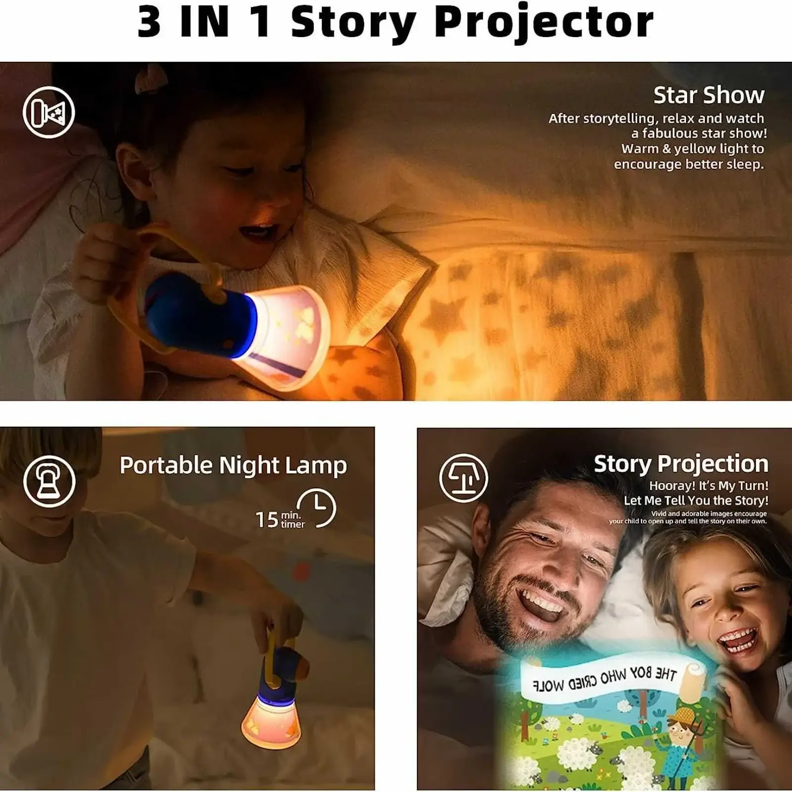 Proiector cu povesti ✅ Lampa de veghe pentru copii cu luna, stele [2]