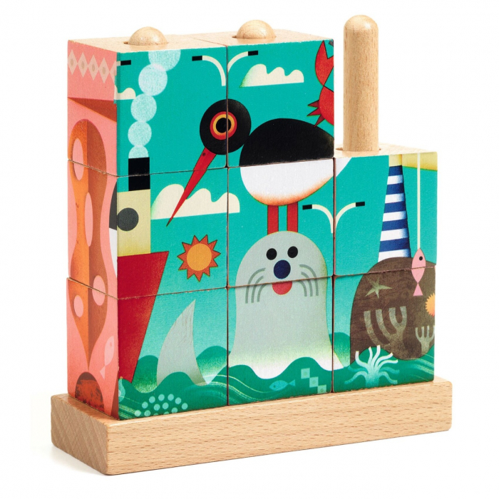 Puzzle din cuburi de lemn Animale marine, Djeco, varsta 1 - 3 ani, Baiat, Fata [1]