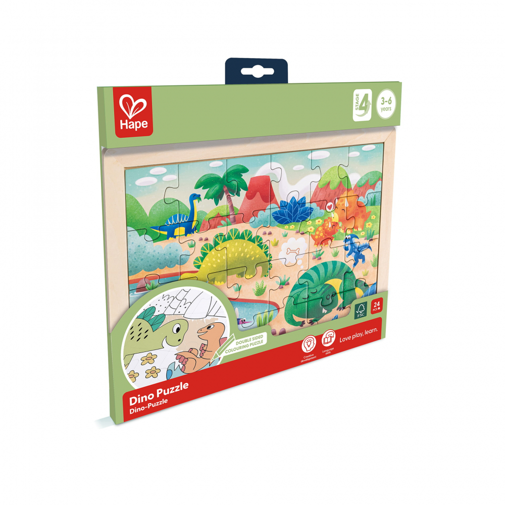 Puzzle din lemn 2 in 1 - Dinozauri (26 piese), cu fata dubla si activitate colorare [6]