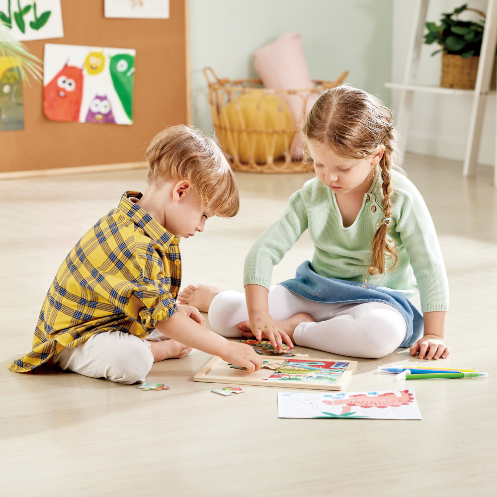 Puzzle din lemn 2 in 1 - Dinozauri (26 piese), cu fata dubla si activitate colorare [3]