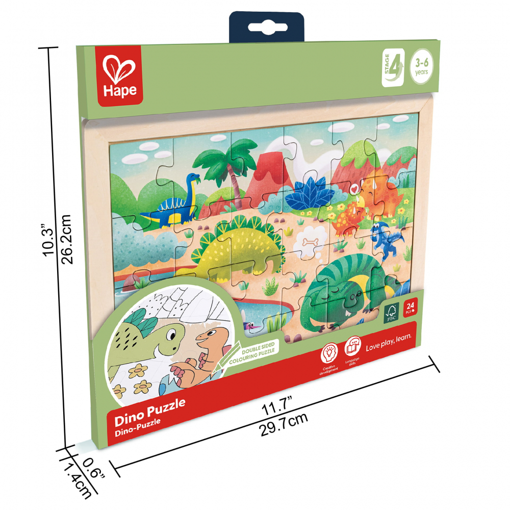 Puzzle din lemn 2 in 1 - Dinozauri (26 piese), cu fata dubla si activitate colorare [5]