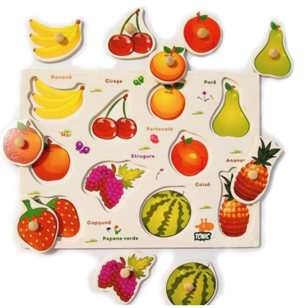 Puzzle incastru din lemn cu butoane, fructe, 10 piese [2]