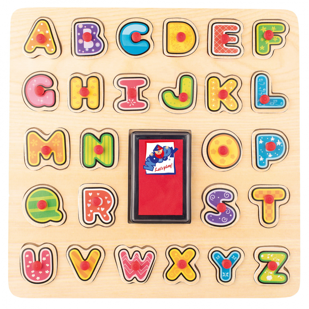Puzzle din lemn cu butoni - Alfabet cu stampile si tusiera [6]