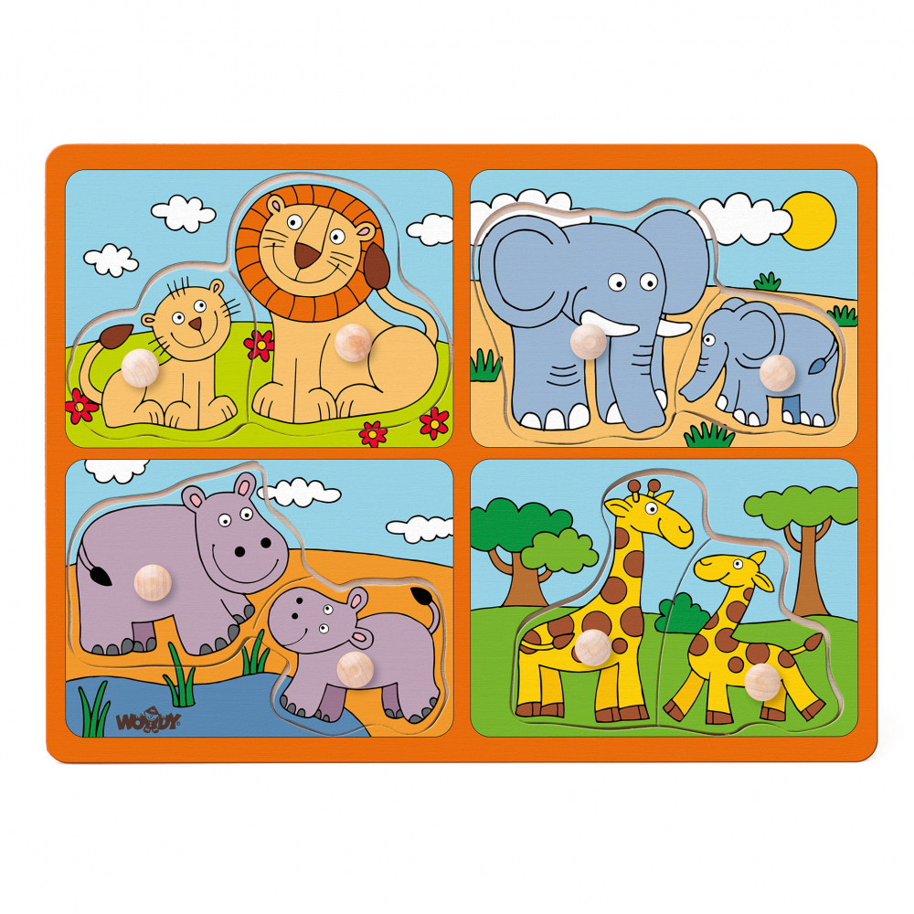 Puzzle din lemn cu butoni - Animale salbatice si puii lor [1]