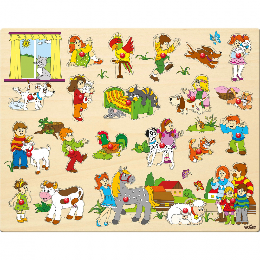 Puzzle din lemn cu butoni - Copii si animale (21 piese) [2]