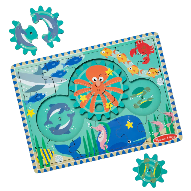 Puzzle educativ din lemn, cu rotite dintate, Oceanul, 8 piese, pentru copii 3 ani+, Melissa&Doug 31003 [1]