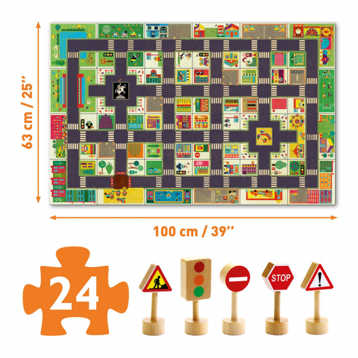 Orasul cu traseu si indicatoare rutiere, Puzzle Gigant 29 piese, Djeco, varsta 3 - 6 ani, Baiat, Fata [2]