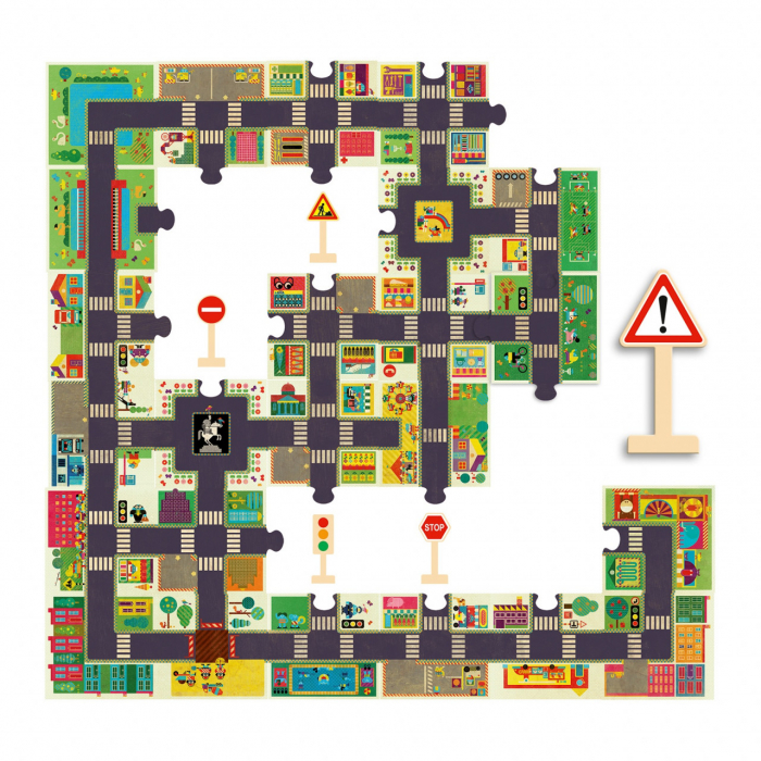 Orasul cu traseu si indicatoare rutiere, Puzzle Gigant 29 piese, Djeco, varsta 3 - 6 ani, Baiat, Fata [3]