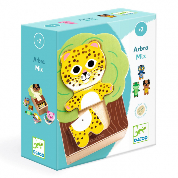 Arbra Mix, Puzzle incastru din lemn, 18 piese mari si cutie depozitare, Djeco, varsta 1 - 3 ani, Baiat, Fata [1]