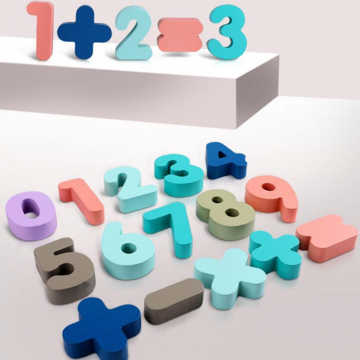 Cifre din lemn cu semne matematice - puzzle culori pastel. [3]