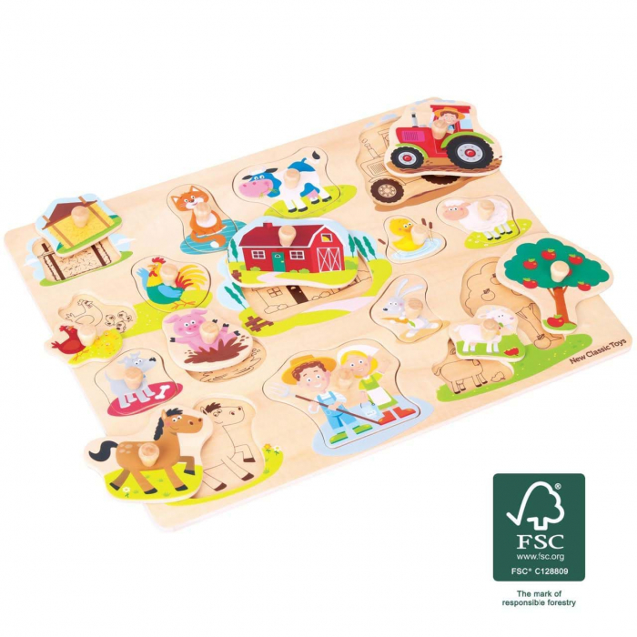 Puzzle incastru lemn, Ferma, 17 piese cu butoni si maner de prindere [3]