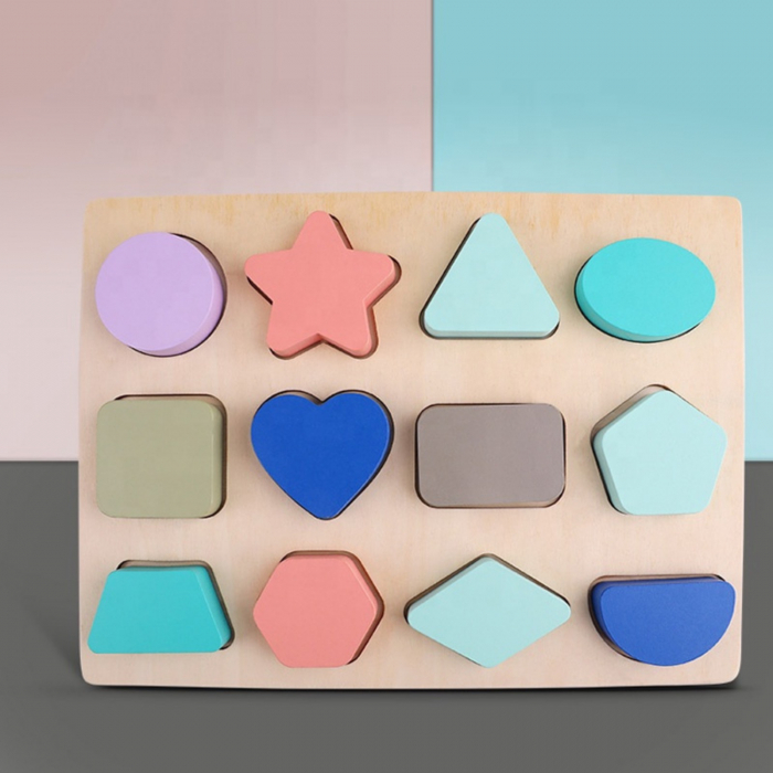 Puzzle 3D din lemn cu forme geometrice si culori pastel. [2]