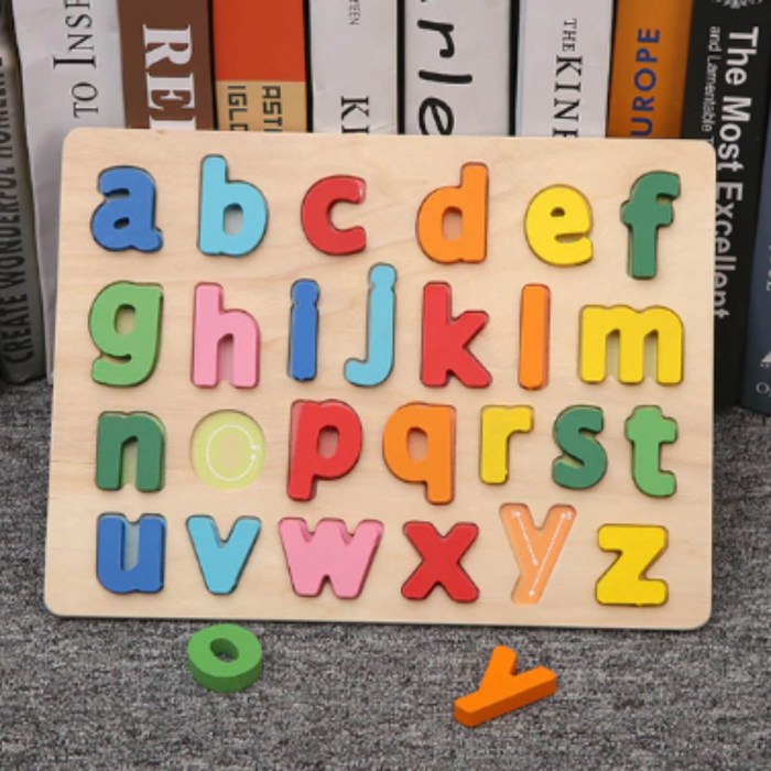 Puzzle incastru din lemn cu litere mici de mana, invata alfabetul. [2]