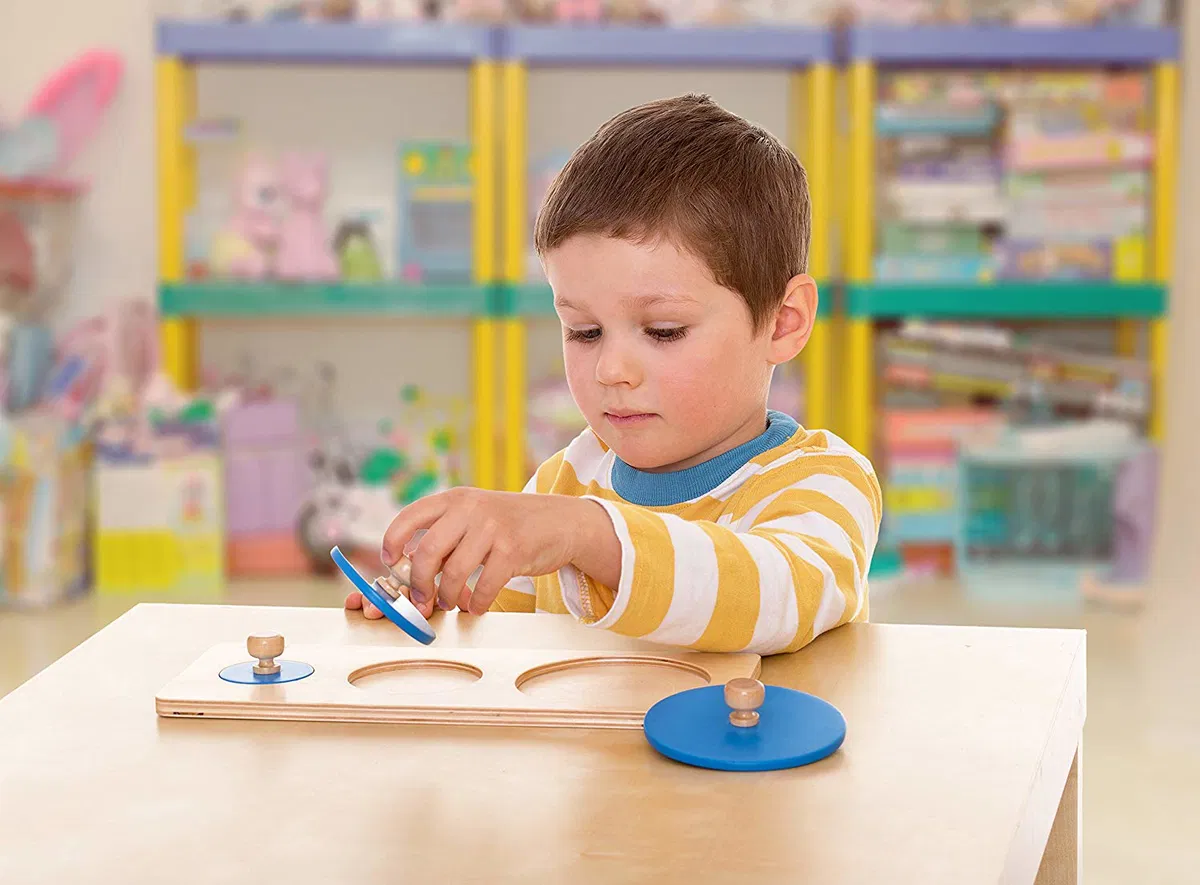 Puzzle lemn Montessori forme geometrice cercuri albastre, educativ copii 2 ani+ [3]