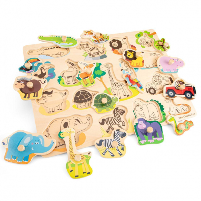 Puzzle incastru lemn, Safari, 17 piese cu butoni, maner de prindere [5]