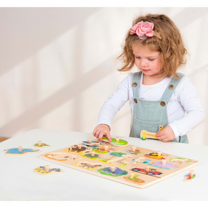 Puzzle incastru lemn, Safari, 17 piese cu butoni, maner de prindere [4]
