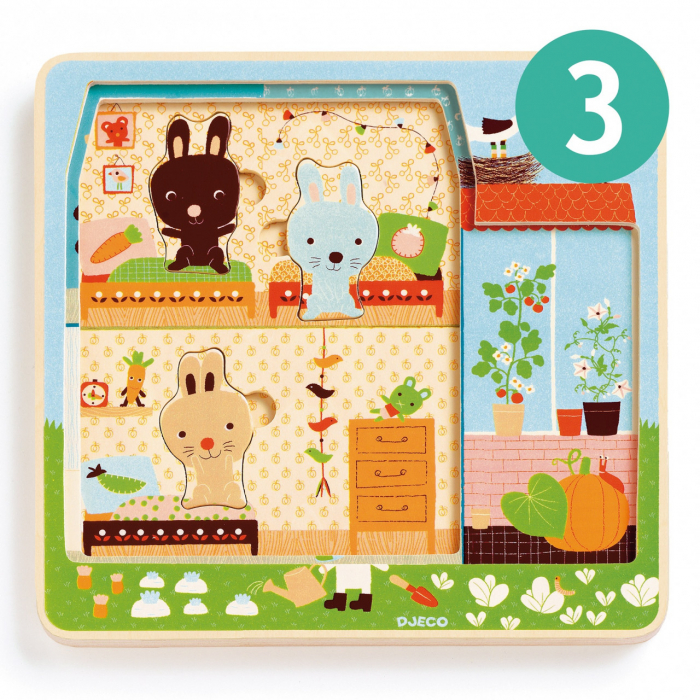 Chez-Carrot, Casuta iepurasilor, Puzzle in 3 straturi, 12 piese, lemn, Djeco, varsta 1 - 3 ani, Baiat, Fata [4]