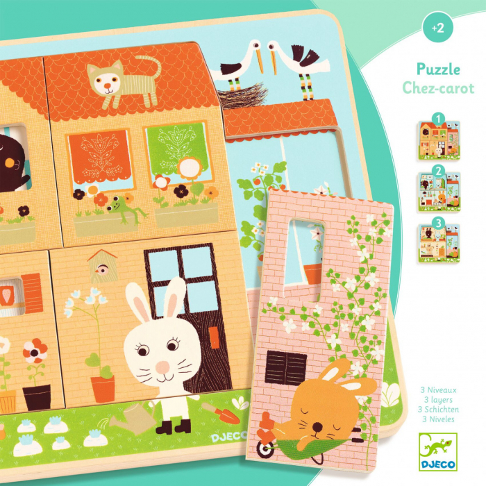 Chez-Carrot, Casuta iepurasilor, Puzzle in 3 straturi, 12 piese, lemn, Djeco, varsta 1 - 3 ani, Baiat, Fata [5]