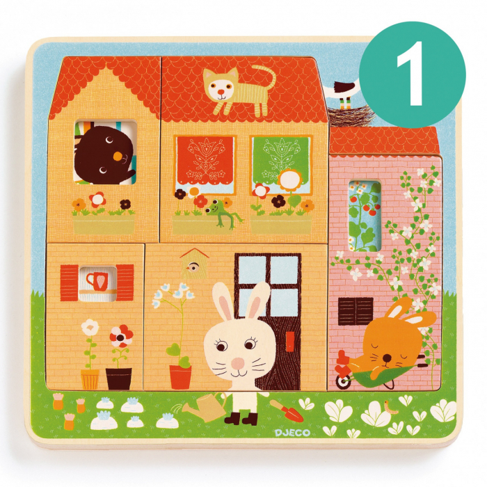 Chez-Carrot, Casuta iepurasilor, Puzzle in 3 straturi, 12 piese, lemn, Djeco, varsta 1 - 3 ani, Baiat, Fata [2]