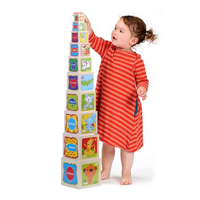 Piramida, set 10 cuburi din lemn Turn Montessori pentru copii. [1]