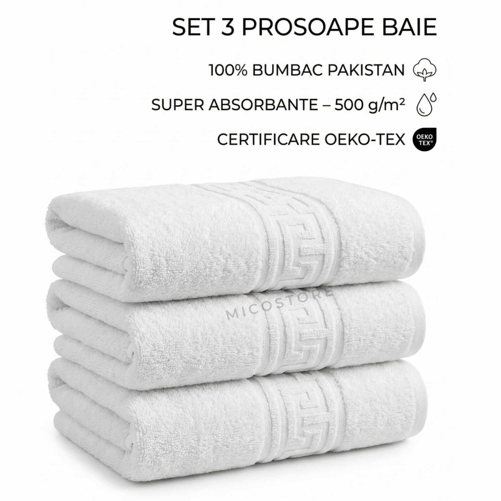 Set 3 Prosoape Baie 70x130 cm 100% Bumbac Pakistan 500 g/m² Alb OEKO TEX [6]