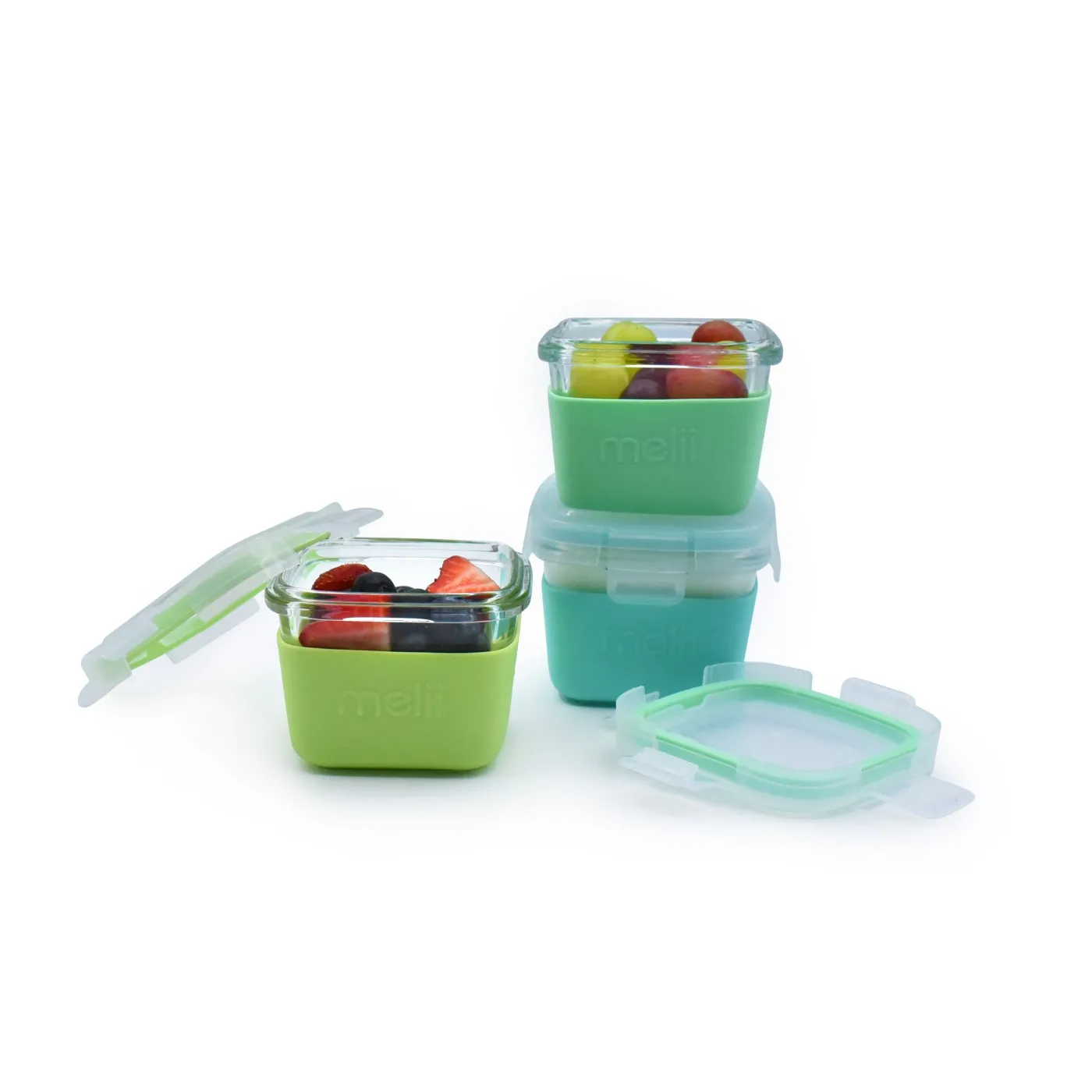 Set 3 recipiente sticla 3 160ml cu husa antiderapanta silicon melii blue mint lime [7]