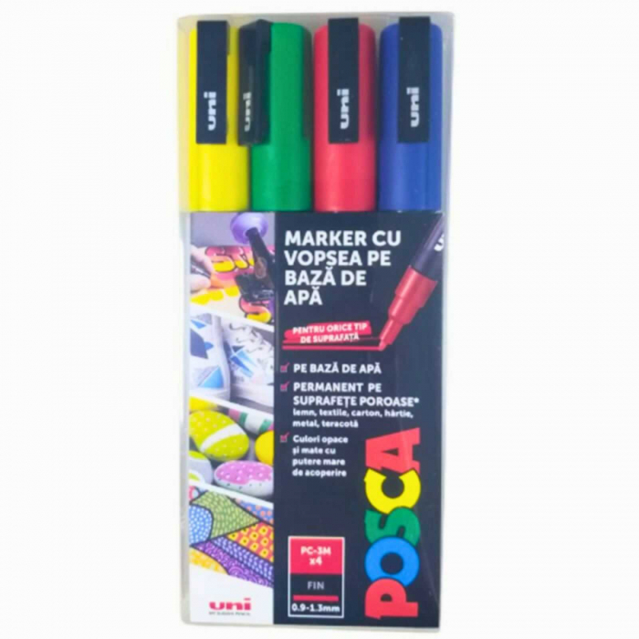 Set 4 Carioci POSCA, Marker 0.9 - 1.3 mm, PC-3M, Rosu, Galben, Albastru si Verde [6]