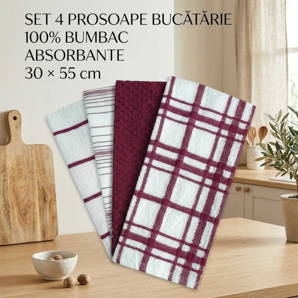 Set 4 Prosoape Bucatarie Bumbac 30x55 cm Wine, Absorbante, OEKO TEX [2]