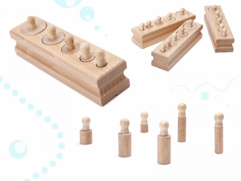 Cilindri Montessori din Lemn Natur, Set 4 Cilindrii cu Buton pentru Motricitate [5]