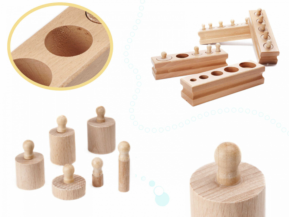Cilindri Montessori din Lemn Natur, Set 4 Cilindrii cu Buton pentru Motricitate [3]
