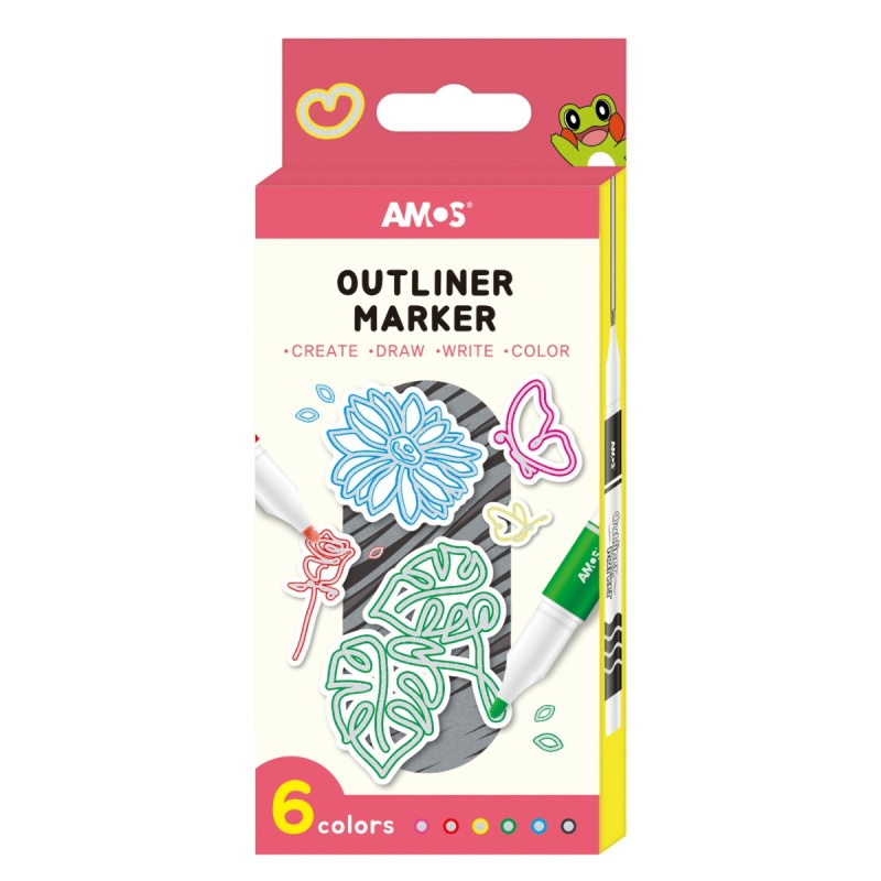 Set 6x Marker Outliner Amos, pe baza de alcool, varf rotund, argintiu cu contur colorat [2]