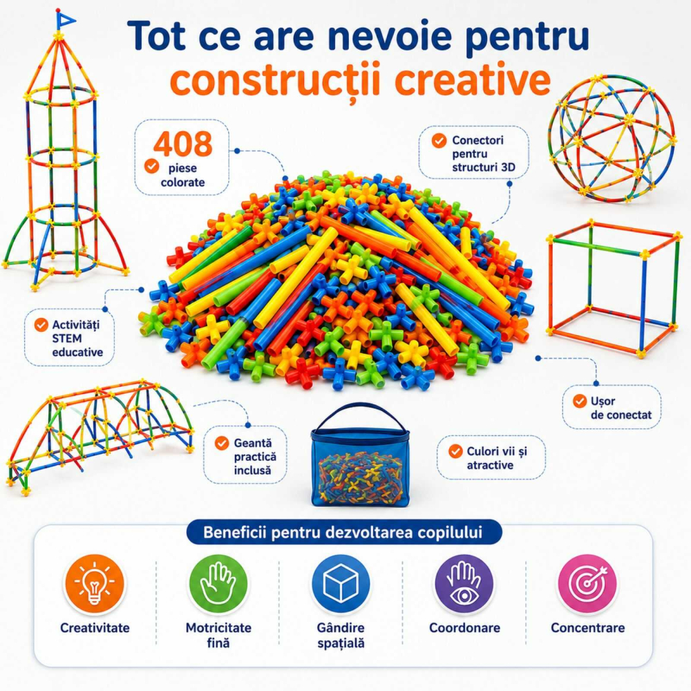 Set constructie copii 408 piese | paie si conectori | jucarie 3D STEM [3]