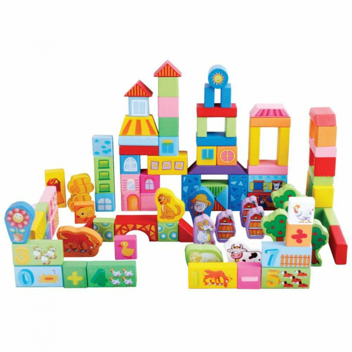 Cuburi Constructie din Lemn, 100 Piese cu Ferma Animale [2]